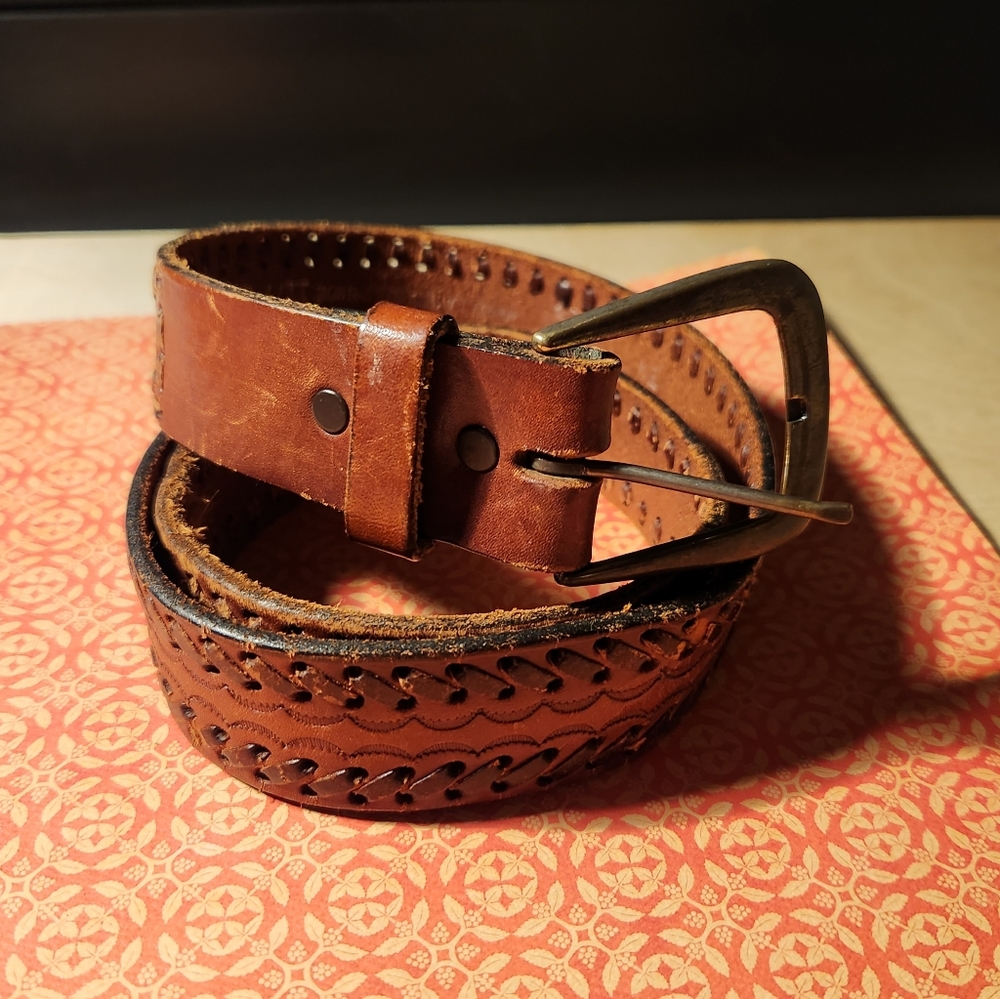 Brown Leather belt, hand laced brass color buckle, 35"/ small
